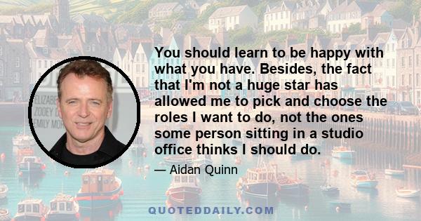 You should learn to be happy with what you have. Besides, the fact that I'm not a huge star has allowed me to pick and choose the roles I want to do, not the ones some person sitting in a studio office thinks I should