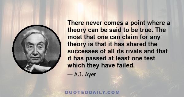 There never comes a point where a theory can be said to be true. The most that one can claim for any theory is that it has shared the successes of all its rivals and that it has passed at least one test which they have