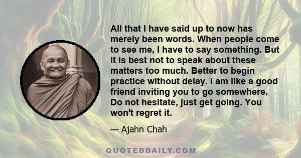 All that I have said up to now has merely been words. When people come to see me, I have to say something. But it is best not to speak about these matters too much. Better to begin practice without delay. I am like a