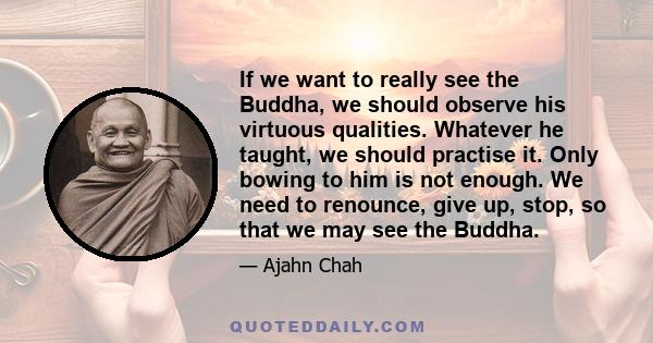 If we want to really see the Buddha, we should observe his virtuous qualities. Whatever he taught, we should practise it. Only bowing to him is not enough. We need to renounce, give up, stop, so that we may see the