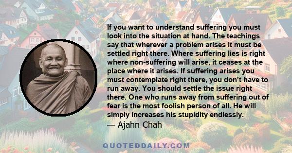 If you want to understand suffering you must look into the situation at hand. The teachings say that wherever a problem arises it must be settled right there. Where suffering lies is right where non-suffering will