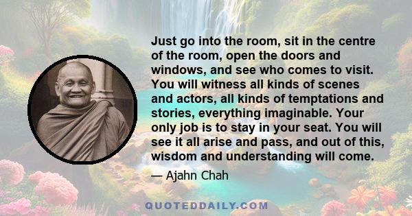 Just go into the room, sit in the centre of the room, open the doors and windows, and see who comes to visit. You will witness all kinds of scenes and actors, all kinds of temptations and stories, everything imaginable. 