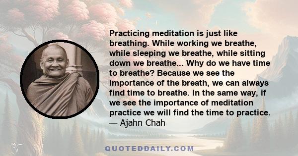 Practicing meditation is just like breathing. While working we breathe, while sleeping we breathe, while sitting down we breathe... Why do we have time to breathe? Because we see the importance of the breath, we can