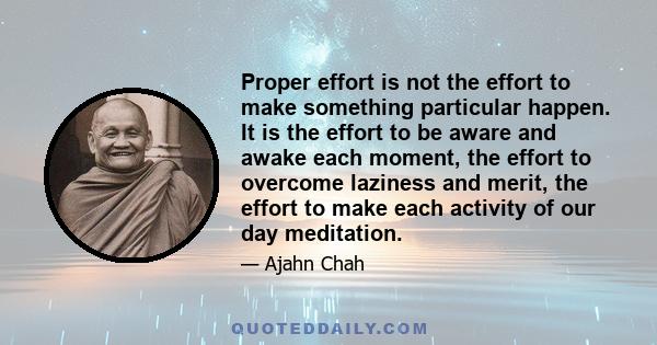 Proper effort is not the effort to make something particular happen. It is the effort to be aware and awake each moment, the effort to overcome laziness and merit, the effort to make each activity of our day meditation.