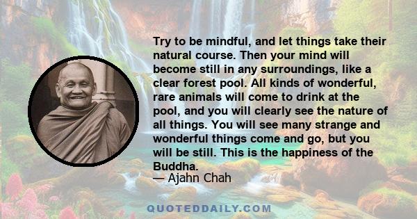 Try to be mindful, and let things take their natural course. Then your mind will become still in any surroundings, like a clear forest pool. All kinds of wonderful, rare animals will come to drink at the pool, and you