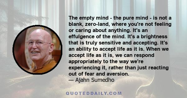 The empty mind - the pure mind - is not a blank, zero-land, where you're not feeling or caring about anything. It's an effulgence of the mind. It's a brightness that is truly sensitive and accepting. It's an ability to