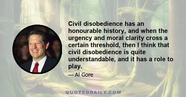 Civil disobedience has an honourable history, and when the urgency and moral clarity cross a certain threshold, then I think that civil disobedience is quite understandable, and it has a role to play.