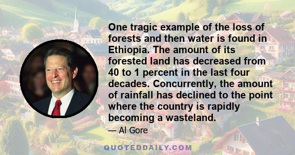 One tragic example of the loss of forests and then water is found in Ethiopia. The amount of its forested land has decreased from 40 to 1 percent in the last four decades. Concurrently, the amount of rainfall has