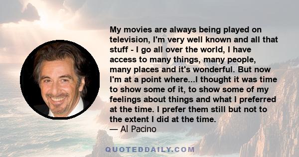 My movies are always being played on television, I'm very well known and all that stuff - I go all over the world, I have access to many things, many people, many places and it's wonderful. But now I'm at a point