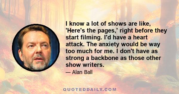 I know a lot of shows are like, 'Here's the pages,' right before they start filming. I'd have a heart attack. The anxiety would be way too much for me. I don't have as strong a backbone as those other show writers.