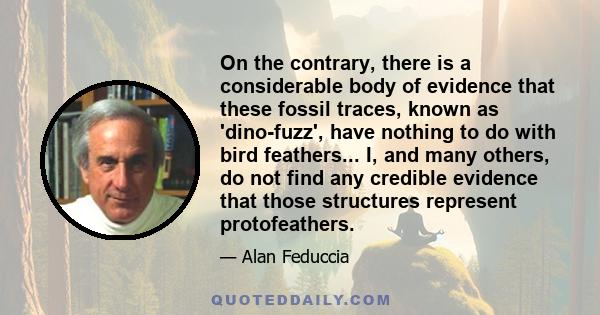 On the contrary, there is a considerable body of evidence that these fossil traces, known as 'dino-fuzz', have nothing to do with bird feathers... I, and many others, do not find any credible evidence that those