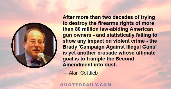 After more than two decades of trying to destroy the firearms rights of more than 80 million law-abiding American gun owners - and statistically failing to show any impact on violent crime - the Brady 'Campaign Against