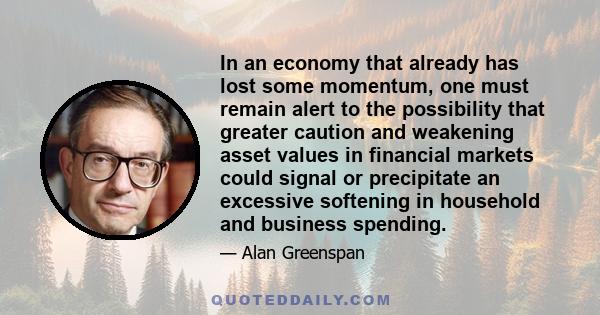 In an economy that already has lost some momentum, one must remain alert to the possibility that greater caution and weakening asset values in financial markets could signal or precipitate an excessive softening in