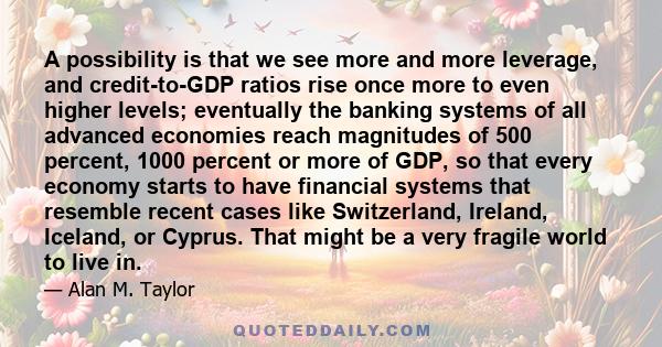 A possibility is that we see more and more leverage, and credit-to-GDP ratios rise once more to even higher levels; eventually the banking systems of all advanced economies reach magnitudes of 500 percent, 1000 percent