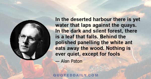 In the deserted harbour there is yet water that laps against the quays. In the dark and silent forest, there is a leaf that falls. Behind the polished panelling the white ant eats away the wood. Nothing is ever quiet,