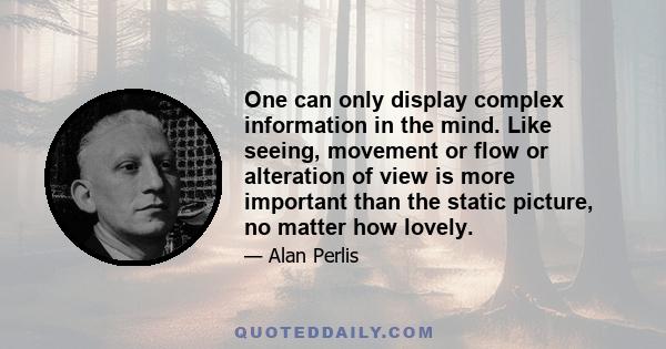 One can only display complex information in the mind. Like seeing, movement or flow or alteration of view is more important than the static picture, no matter how lovely.