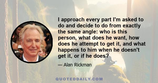 I approach every part I'm asked to do and decide to do from exactly the same angle: who is this person, what does he want, how does he attempt to get it, and what happens to him when he doesn't get it, or if he does?