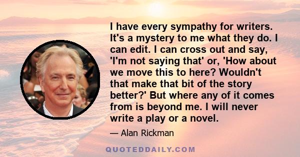 I have every sympathy for writers. It's a mystery to me what they do. I can edit. I can cross out and say, 'I'm not saying that' or, 'How about we move this to here? Wouldn't that make that bit of the story better?' But 