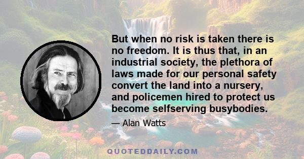 But when no risk is taken there is no freedom. It is thus that, in an industrial society, the plethora of laws made for our personal safety convert the land into a nursery, and policemen hired to protect us become