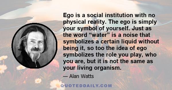 Ego is a social institution with no physical reality. The ego is simply your symbol of yourself. Just as the word “water” is a noise that symbolizes a certain liquid without being it, so too the idea of ego symbolizes