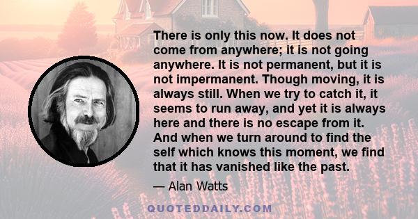 There is only this now. It does not come from anywhere; it is not going anywhere. It is not permanent, but it is not impermanent. Though moving, it is always still. When we try to catch it, it seems to run away, and yet 