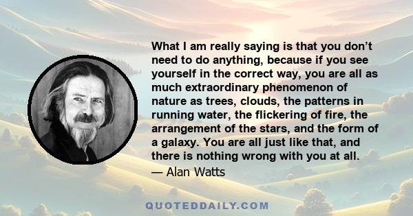 What I am really saying is that you don’t need to do anything, because if you see yourself in the correct way, you are all as much extraordinary phenomenon of nature as trees, clouds, the patterns in running water, the