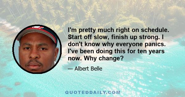 I'm pretty much right on schedule. Start off slow, finish up strong. I don't know why everyone panics. I've been doing this for ten years now. Why change?