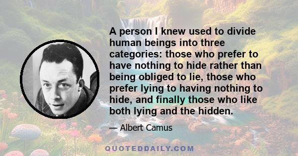 A person I knew used to divide human beings into three categories: those who prefer to have nothing to hide rather than being obliged to lie, those who prefer lying to having nothing to hide, and finally those who like