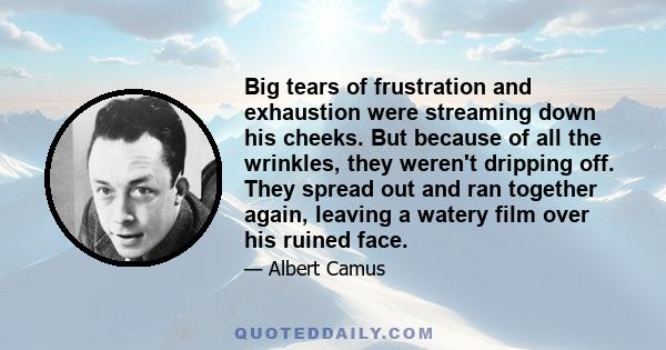 Big tears of frustration and exhaustion were streaming down his cheeks. But because of all the wrinkles, they weren't dripping off. They spread out and ran together again, leaving a watery film over his ruined face.