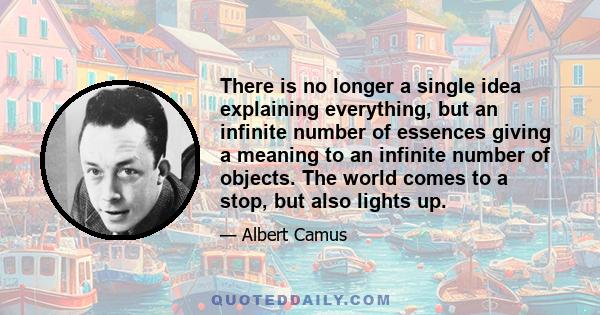 There is no longer a single idea explaining everything, but an infinite number of essences giving a meaning to an infinite number of objects. The world comes to a stop, but also lights up.