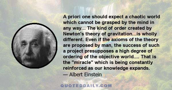 A priori one should expect a chaotic world which cannot be grasped by the mind in any way... The kind of order created by Newton's theory of gravitation...is wholly different. Even if the axioms of the theory are