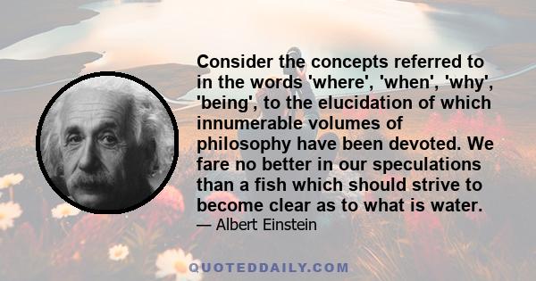 Consider the concepts referred to in the words 'where', 'when', 'why', 'being', to the elucidation of which innumerable volumes of philosophy have been devoted. We fare no better in our speculations than a fish which