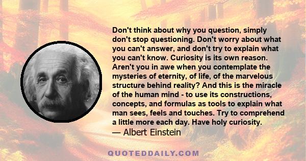 Don't think about why you question, simply don't stop questioning. Don't worry about what you can't answer, and don't try to explain what you can't know. Curiosity is its own reason. Aren't you in awe when you