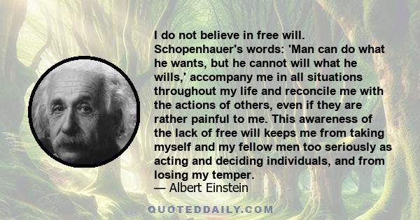 I do not believe in free will. Schopenhauer's words: 'Man can do what he wants, but he cannot will what he wills,' accompany me in all situations throughout my life and reconcile me with the actions of others, even if