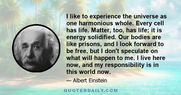 I like to experience the universe as one harmonious whole. Every cell has life. Matter, too, has life; it is energy solidified. Our bodies are like prisons, and I look forward to be free, but I don't speculate on what