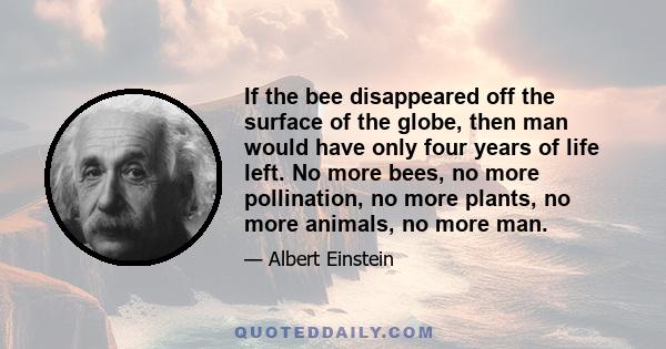 If the bee disappeared off the surface of the globe, then man would have only four years of life left. No more bees, no more pollination, no more plants, no more animals, no more man.