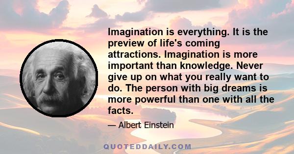 Imagination is everything. It is the preview of life's coming attractions. Imagination is more important than knowledge. Never give up on what you really want to do. The person with big dreams is more powerful than one