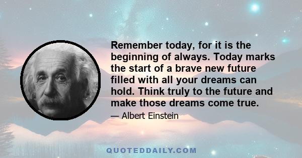 Remember today, for it is the beginning of always. Today marks the start of a brave new future filled with all your dreams can hold. Think truly to the future and make those dreams come true.