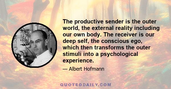 The productive sender is the outer world, the external reality including our own body. The receiver is our deep self, the conscious ego, which then transforms the outer stimuli into a psychological experience.