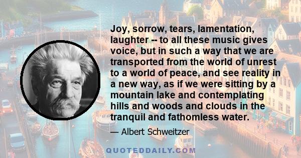 Joy, sorrow, tears, lamentation, laughter -- to all these music gives voice, but in such a way that we are transported from the world of unrest to a world of peace, and see reality in a new way, as if we were sitting by 