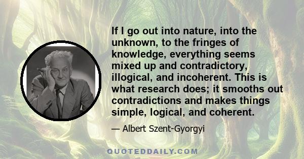 If I go out into nature, into the unknown, to the fringes of knowledge, everything seems mixed up and contradictory, illogical, and incoherent. This is what research does; it smooths out contradictions and makes things