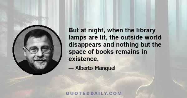 But at night, when the library lamps are lit, the outside world disappears and nothing but the space of books remains in existence.