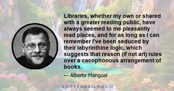 Libraries, whether my own or shared with a greater reading public, have always seemed to me pleasantly mad places, and for as long as I can remember I've been seduced by their labyrinthine logic, which suggests that