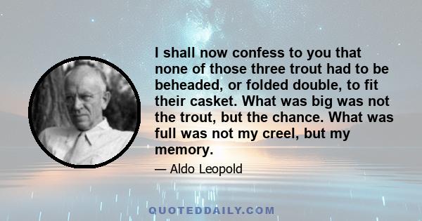 I shall now confess to you that none of those three trout had to be beheaded, or folded double, to fit their casket. What was big was not the trout, but the chance. What was full was not my creel, but my memory.