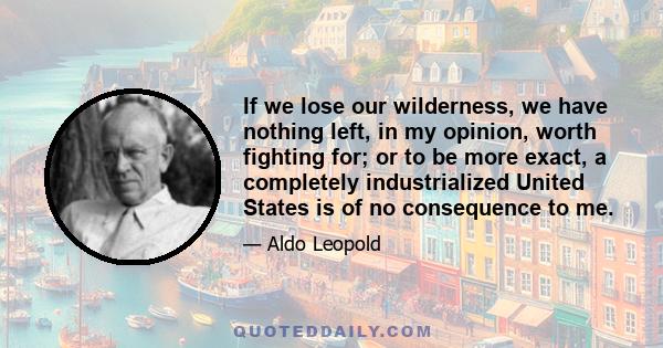 If we lose our wilderness, we have nothing left, in my opinion, worth fighting for; or to be more exact, a completely industrialized United States is of no consequence to me.