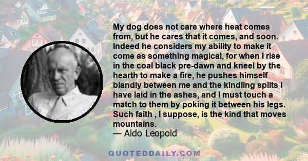 My dog does not care where heat comes from, but he cares that it comes, and soon. Indeed he considers my ability to make it come as something magical, for when I rise in the coal black pre-dawn and kneel by the hearth