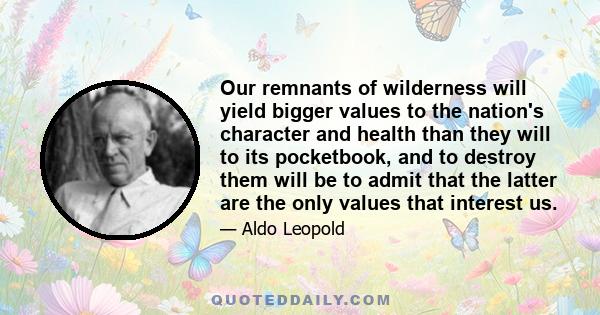 Our remnants of wilderness will yield bigger values to the nation's character and health than they will to its pocketbook, and to destroy them will be to admit that the latter are the only values that interest us.