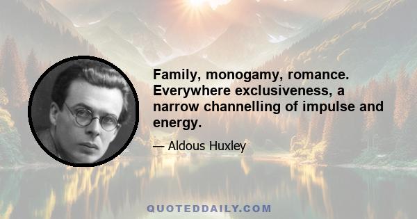 Family, monogamy, romance. Everywhere exclusiveness, a narrow channelling of impulse and energy.