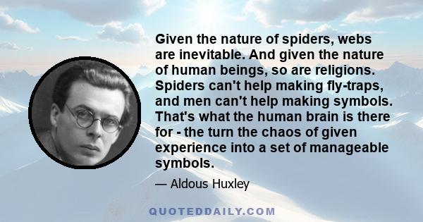 Given the nature of spiders, webs are inevitable. And given the nature of human beings, so are religions. Spiders can't help making fly-traps, and men can't help making symbols. That's what the human brain is there for