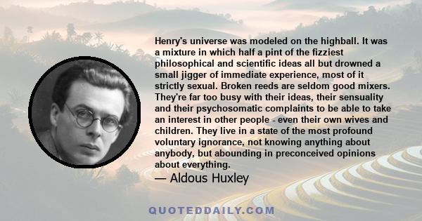 Henry's universe was modeled on the highball. It was a mixture in which half a pint of the fizziest philosophical and scientific ideas all but drowned a small jigger of immediate experience, most of it strictly sexual.